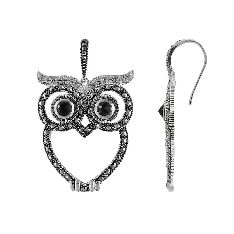 Lavish by TJM Sterling Silver Black Onyx, Crystal & Marcasite Owl Earrings,
