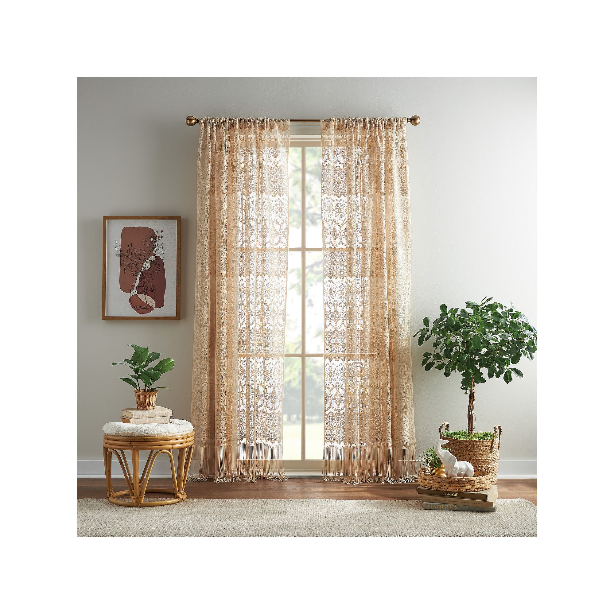 CHF Boho Lace Pole-Top Sheer Curtains, Brown
