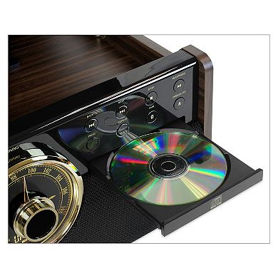 Victrola 6-in-1 Wood Empire Mid-Century Modern Bluetooth Record Player, CD, Cassette Player & Radio