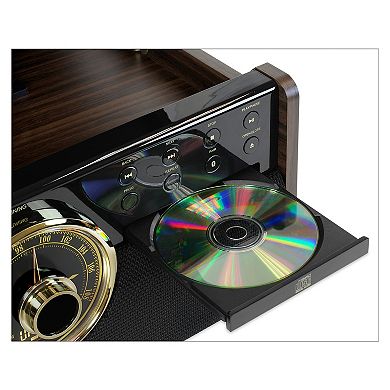 Victrola Empire 6-in-1 Wood Mid Century Modern Bluetooth Record Player with 3-Speed Turntable, CD, Cassette Player and Radio