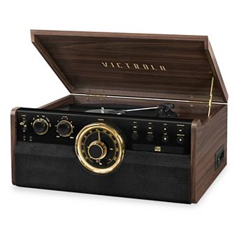 Victrola Empire 6-in-1 Wood Mid Century Modern Bluetooth Record Player with 3-Speed Turntable, CD, Cassette Player and Radio