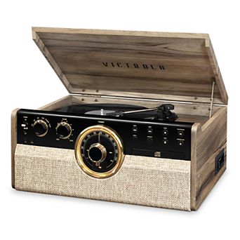 Victrola Empire 6-in-1 Wood Mid Century Modern Bluetooth Record Player with 3-Speed Turntable, CD, Cassette Player and Radio