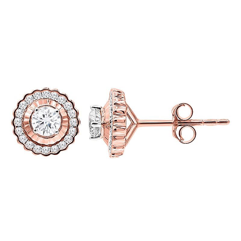 10k Rose Gold 1/2 Carat T.W. Diamond Scalloped Round Halo Earrings, Womens