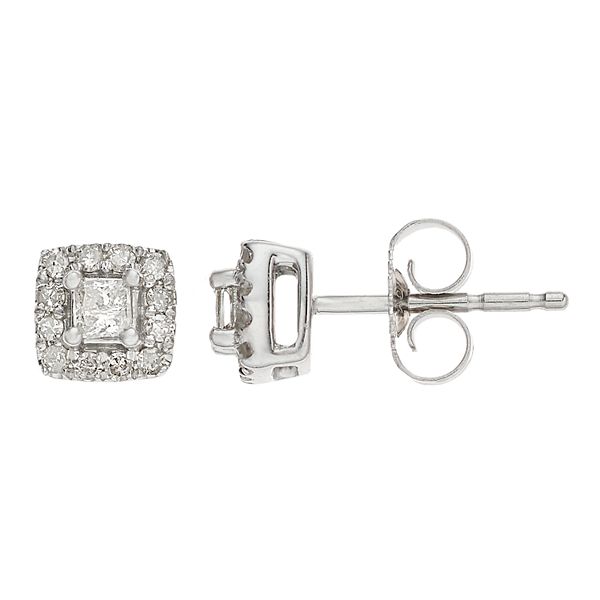 10K White Gold 1/4 Carat T.W. Diamond Princess-Cut & Round Halo Earrings