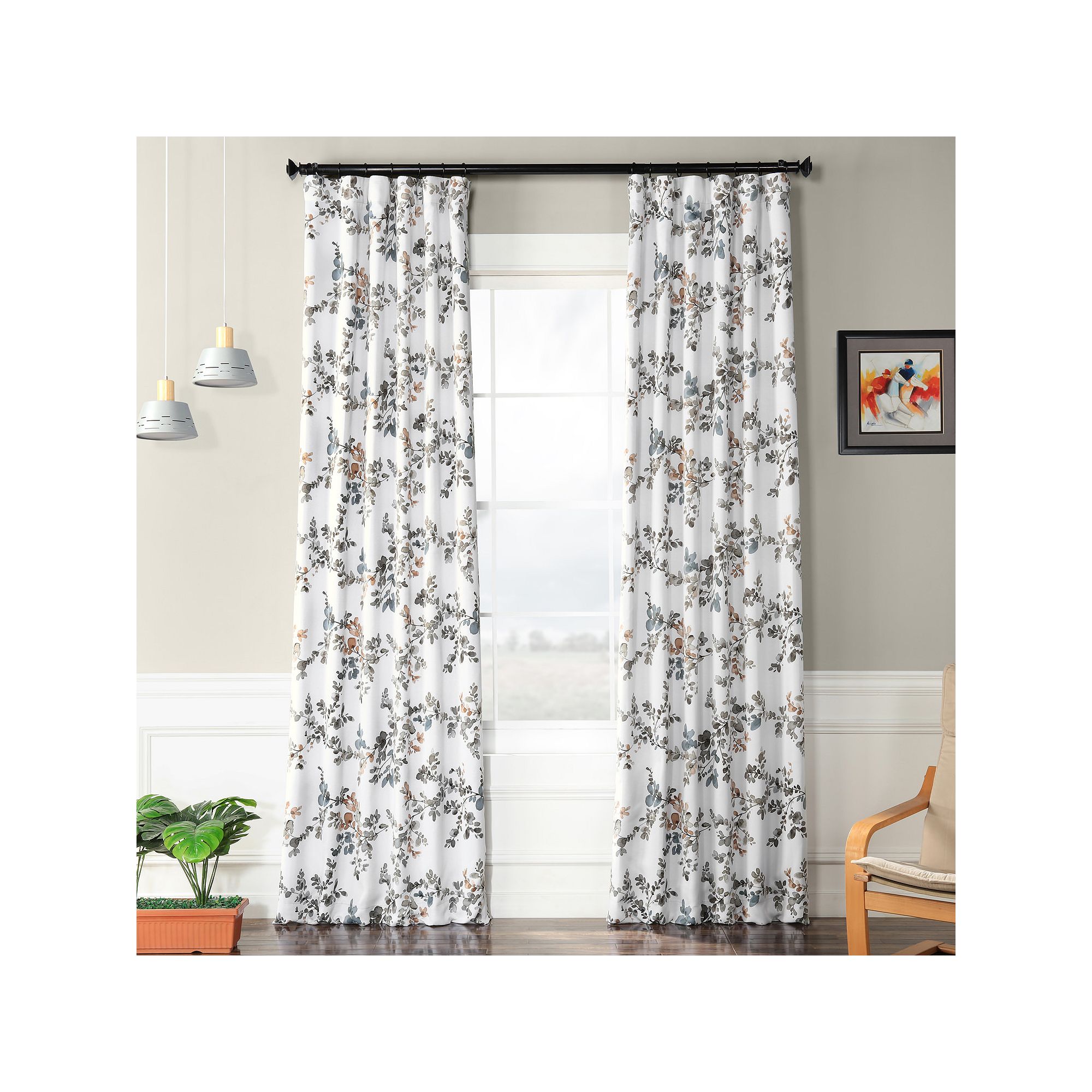 EFF Floral Room Darkening Window Curtain Panel, Antique Elm