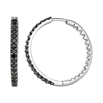 HDI 10k White Gold 1 Carat T.W. Black Diamond Hoop Earrings