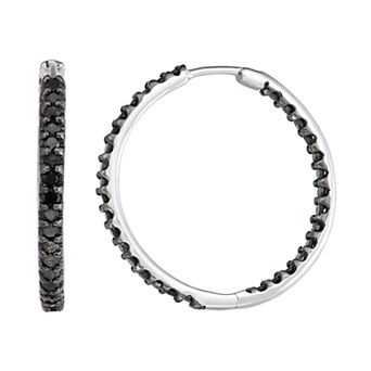 HDI 10k White Gold 1 Carat T.W. Black Diamond Hoop Earrings