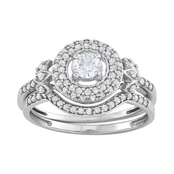 HDI 10k White Gold 5/8 Carat T.W. Diamond Halo Engagement Ring Set