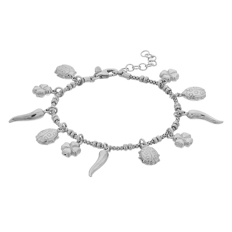 Sterling Silver Clover & Ladybug Charm Bracelet, Womens, Size: 7, Grey