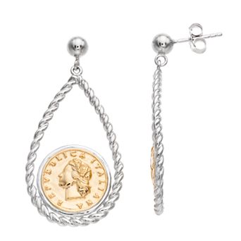 Two Tone Sterling Silver Replica Coin Drop Earrings
