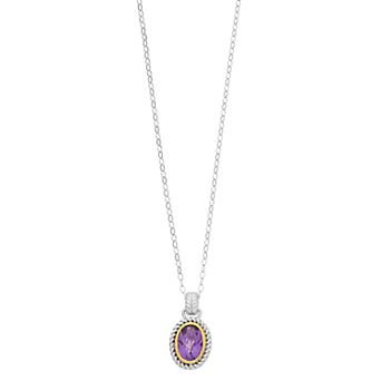 Two Tone Sterling Silver Oval Amethyst Pendant Necklace