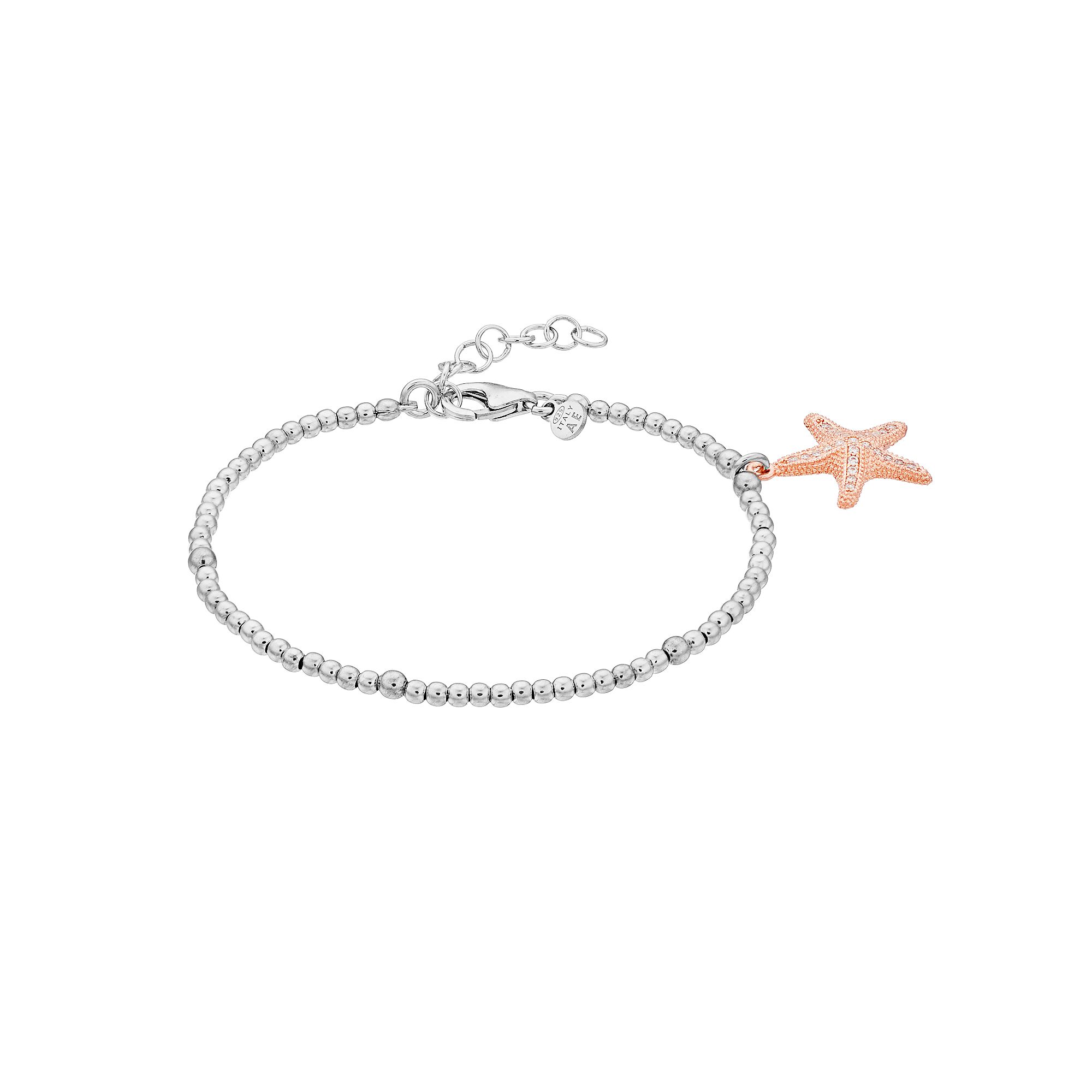 Sterling Silver Two-Tone Cubic Zirconia Starfish Charm Bracelet, Womens, 