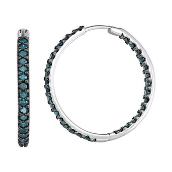HDI Sterling Silver 1 Carat T.W. Blue Diamond Inside Out Hoop Earrings