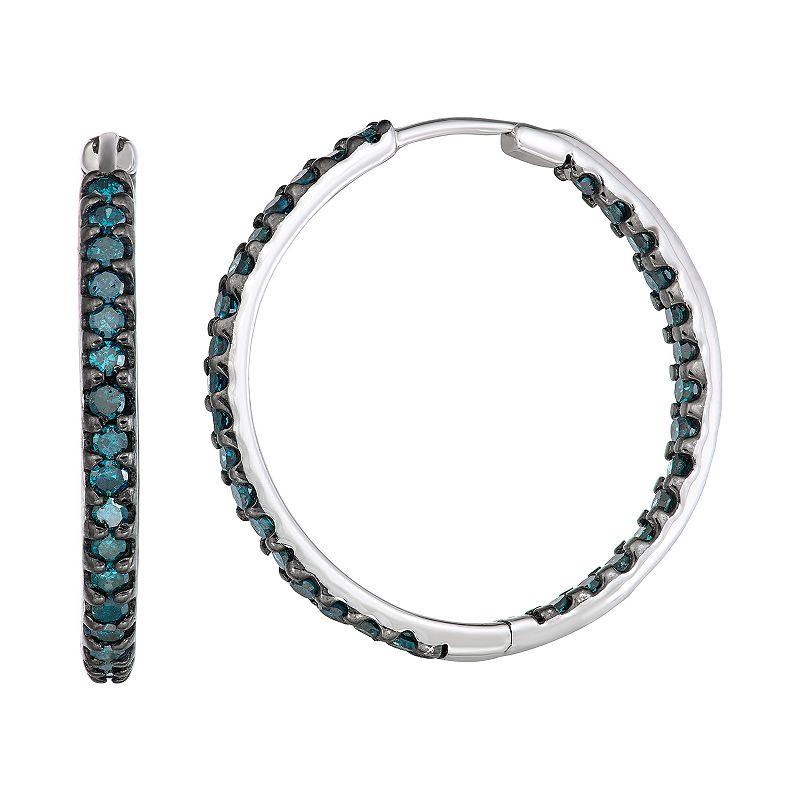 Sterling Silver 1 Carat T.W. Blue Diamond Inside Out Hoop Earrings, Womens