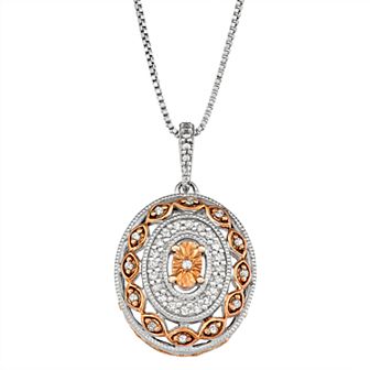 HDI Two Tone Sterling Silver 1/6 Carat T.W. Diamond Oval Pendant Necklace