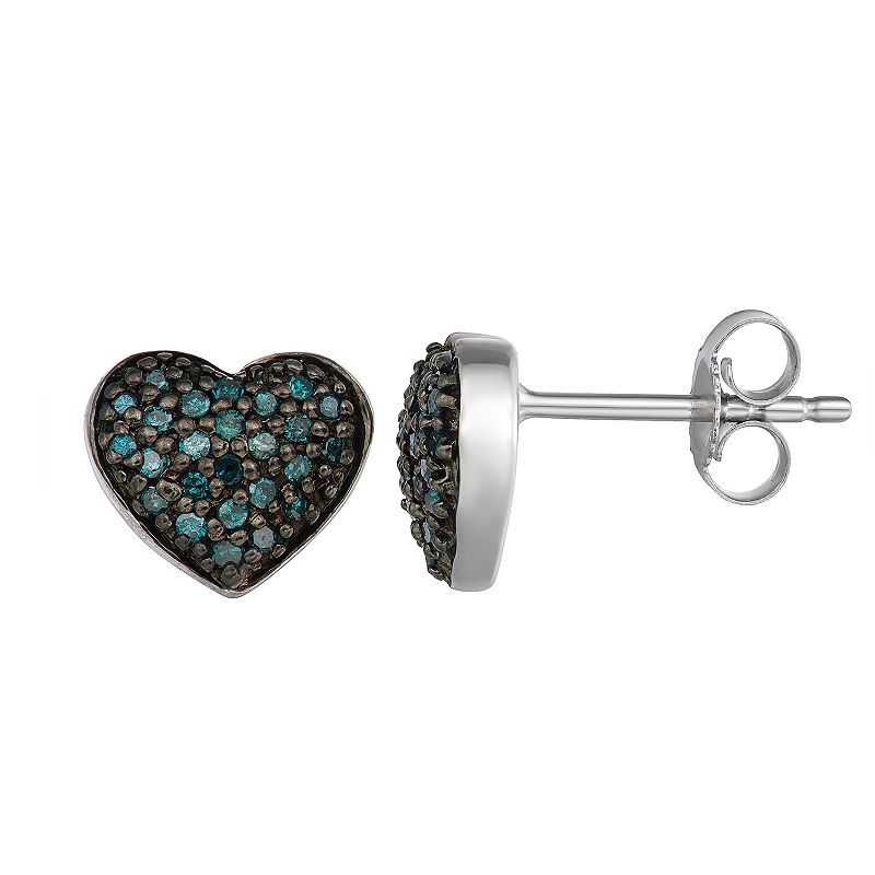 Sterling Silver 1/4 Carat T.W. Blue Diamond Heart Earrings, Womens