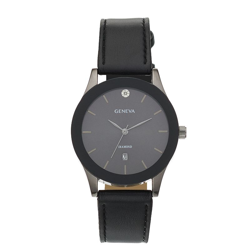 Geneva Men's Diamond Accent Faux Leather Watch, Size: Large, Black
