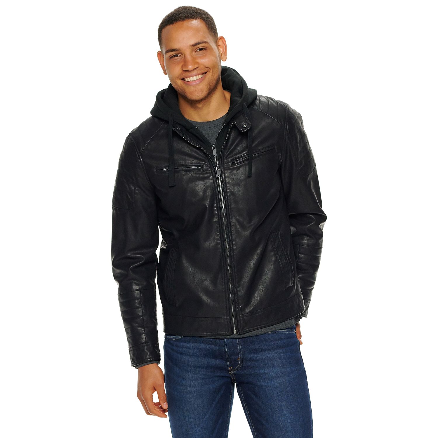 leather moto jacket with removable hood