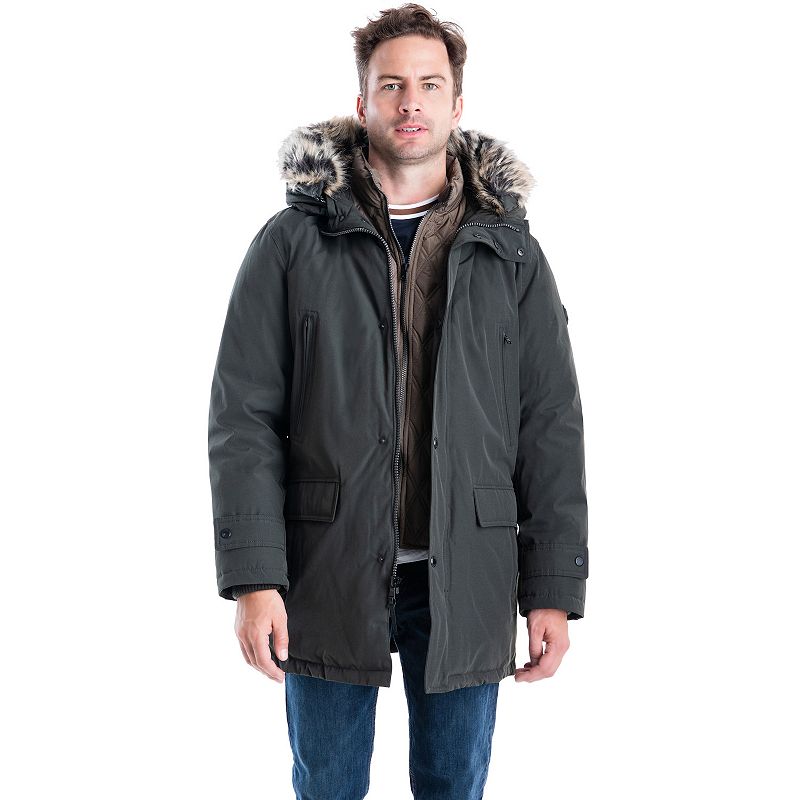 Size XL Mens London Fog-Snorkel Parka with Faux-Fur Trim- Dark Olive-