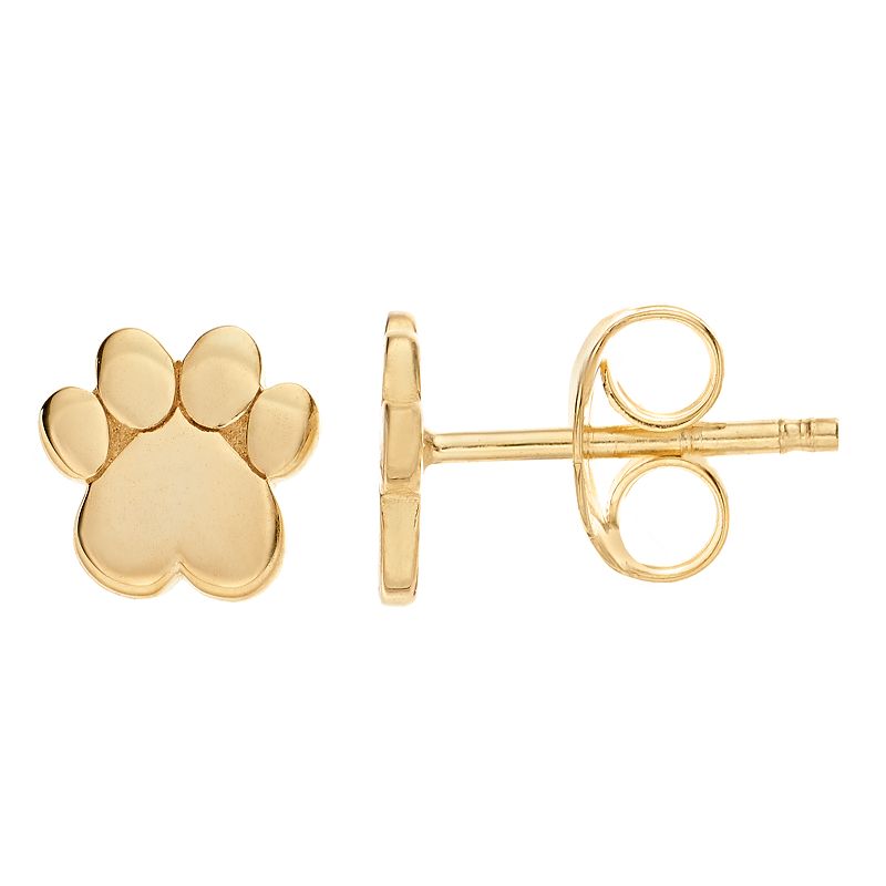 14k Gold Heart Dog Paw Stud Earrings, Womens, Yellow