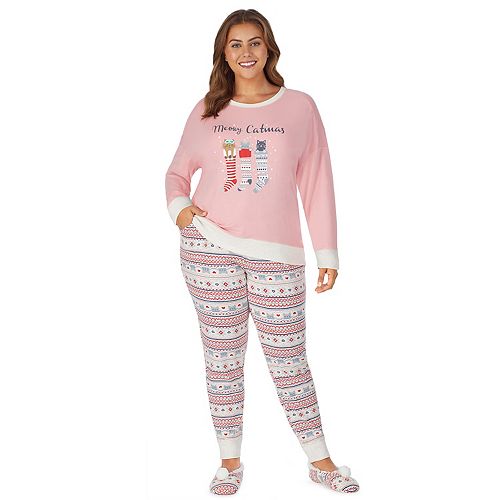Plus Size Cuddl Duds® Graphic Knit Jogger PJ Set With Slipper Sock