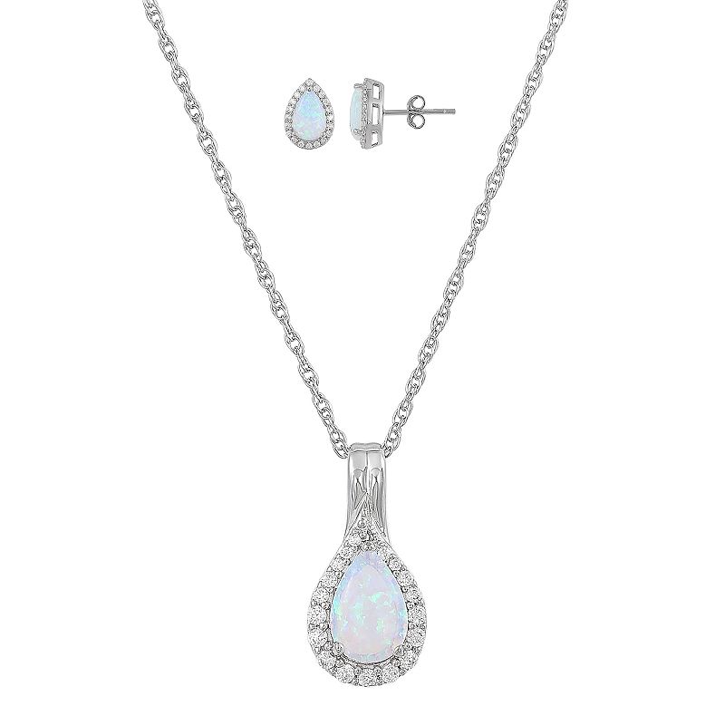 Sterling Silver Lab-Created White Opal & Cubic Zirconia Teardrop Pendant &