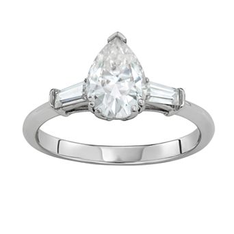 Womens Charles & Colvard 14K White Gold 2-1/2 Carat T.W. Lab-Created Moissanite Pear and Baguette Ring