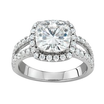 Charles & Colvard 14K White Gold 4-1/4 Carat T.W. Lab-Created Moissanite Split-Shank Halo Cushion Ring