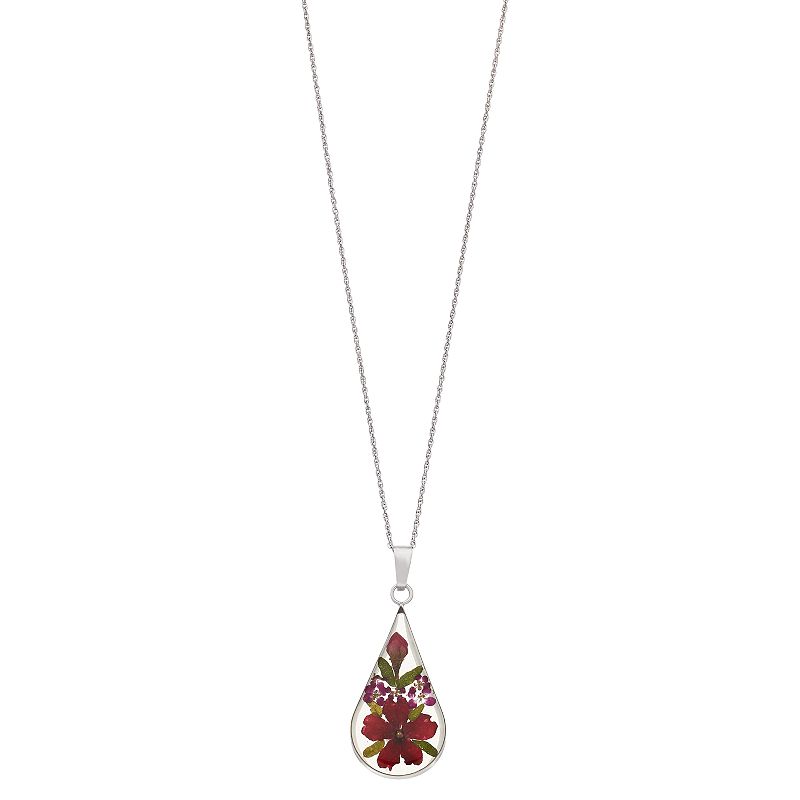 Sterling Silver Burgundy Dried Flowers Teardrop Pendant Necklace, Womens,