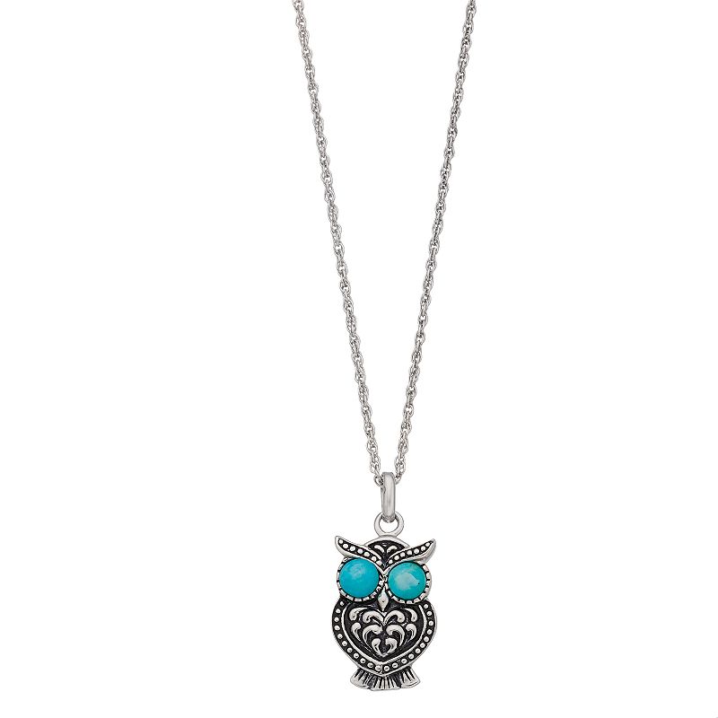 Sterling Silver Genuine Stabilized Turquoise Owl Pendant Necklace, Womens