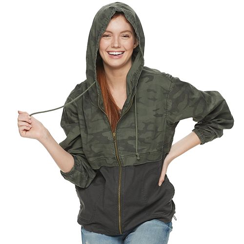 Juniors' Unionbay Twill Colorblock Full Zip Hooded Jacket