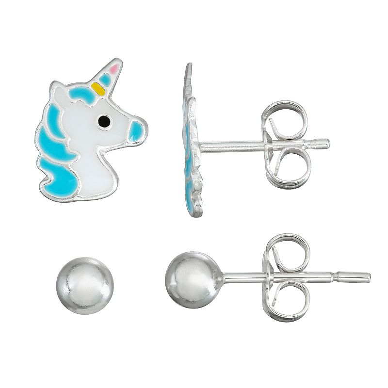 Charming Girl Kids Unicorn & Polished Ball Stud Earring Set, Girls, Silve