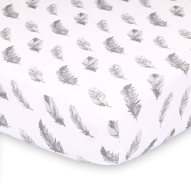 The Peanut Shell Farmhouse Gray Feathers Fitted Crib Sheet, Multicolor