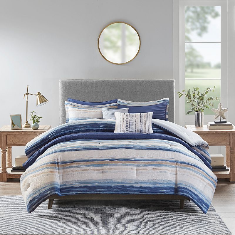 Fairbanks King/California King 8pc Comforter and Coverlet Set Blue: Madison Park, Hypoallergenic, Microfiber Seersucker