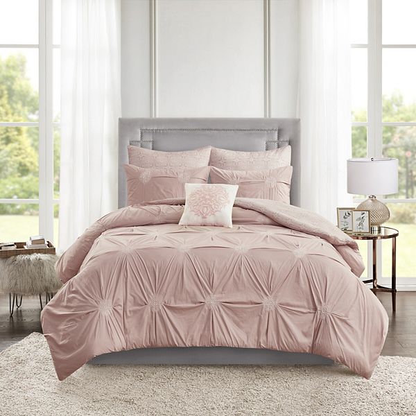 Full/Queen 6pc Alicia Embroidered Cotton Reversible Comforter Set Blush