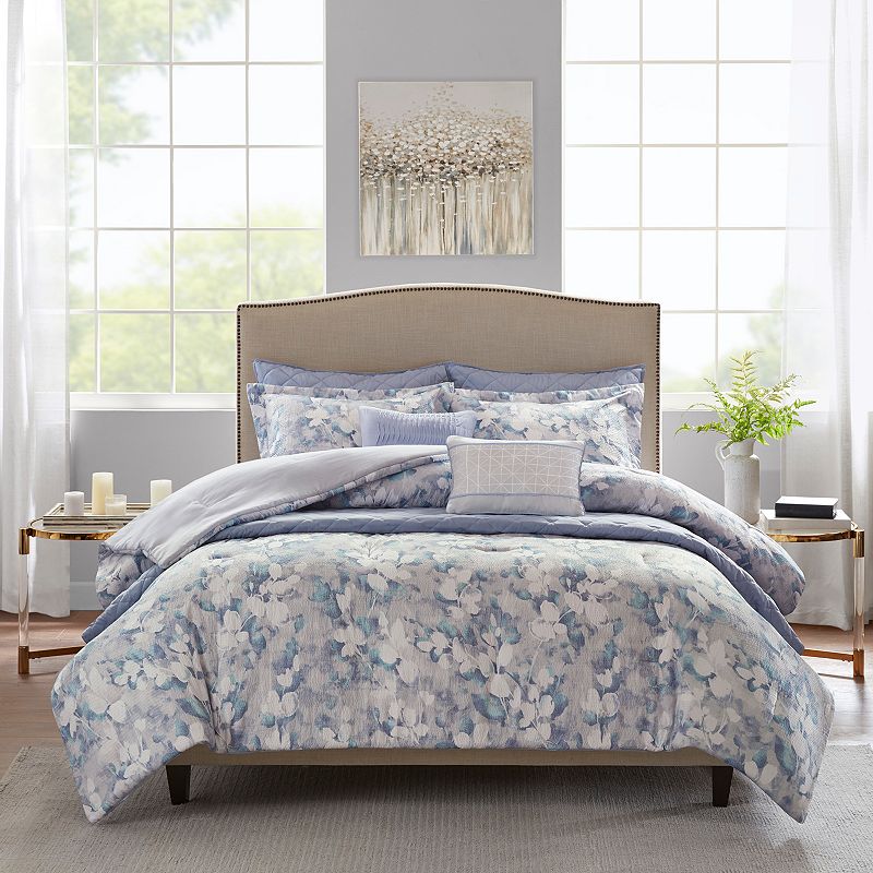 Madison Park Zinnia 8-Piece Floral Comforter and Coverlet Set, Blue, King