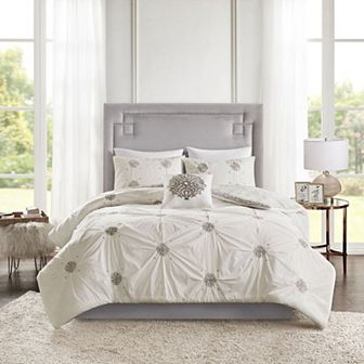 Madison Park Edna 4 pc Embroidered Cotton Reversible Duvet Cover Set with Throw Pillow