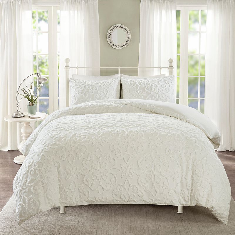 Madison Park Sarah 3-Piece Duvet Cover Set with Shams, White, Full/Queen