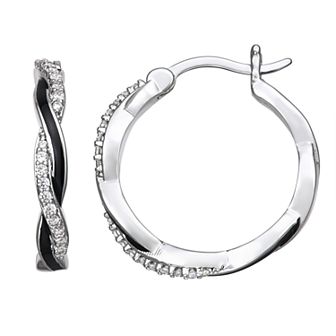 Silver-Tone Cubic Zirconia with Black Enamel Twist Hoop Earrings