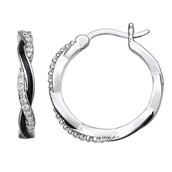 Silver-Tone Cubic Zirconia with Black Enamel Twist Hoop Earrings