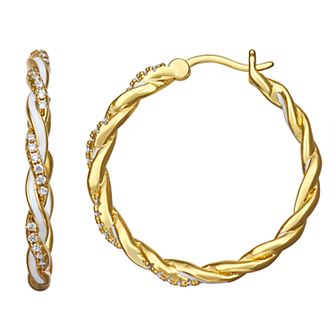 Gold-Tone Cubic Zirconia with White Enamel Twist Hoop Earrings