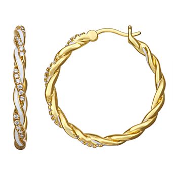 Gold-Tone Cubic Zirconia with White Enamel Twist Hoop Earrings