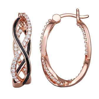Cubic Zirconia and Black Enamel Hoop Earrings