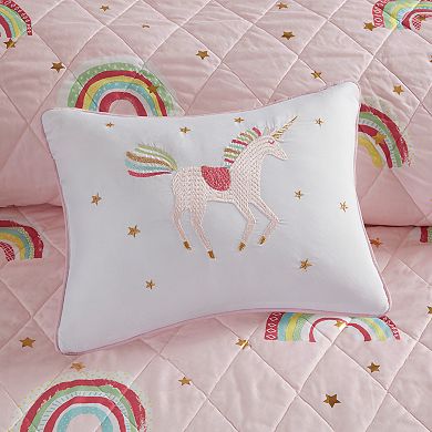 Mi Zone Kids Mia Rainbow and Metallic Stars Reversible Quilt Set with Shams and Decorative Pillows