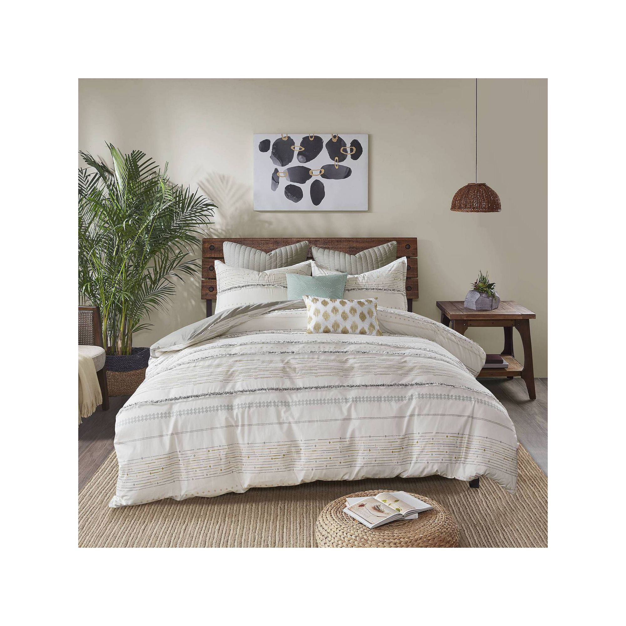 INK+IVY Nea Printed Cotton Comforter Set with Trims, Off White Gray