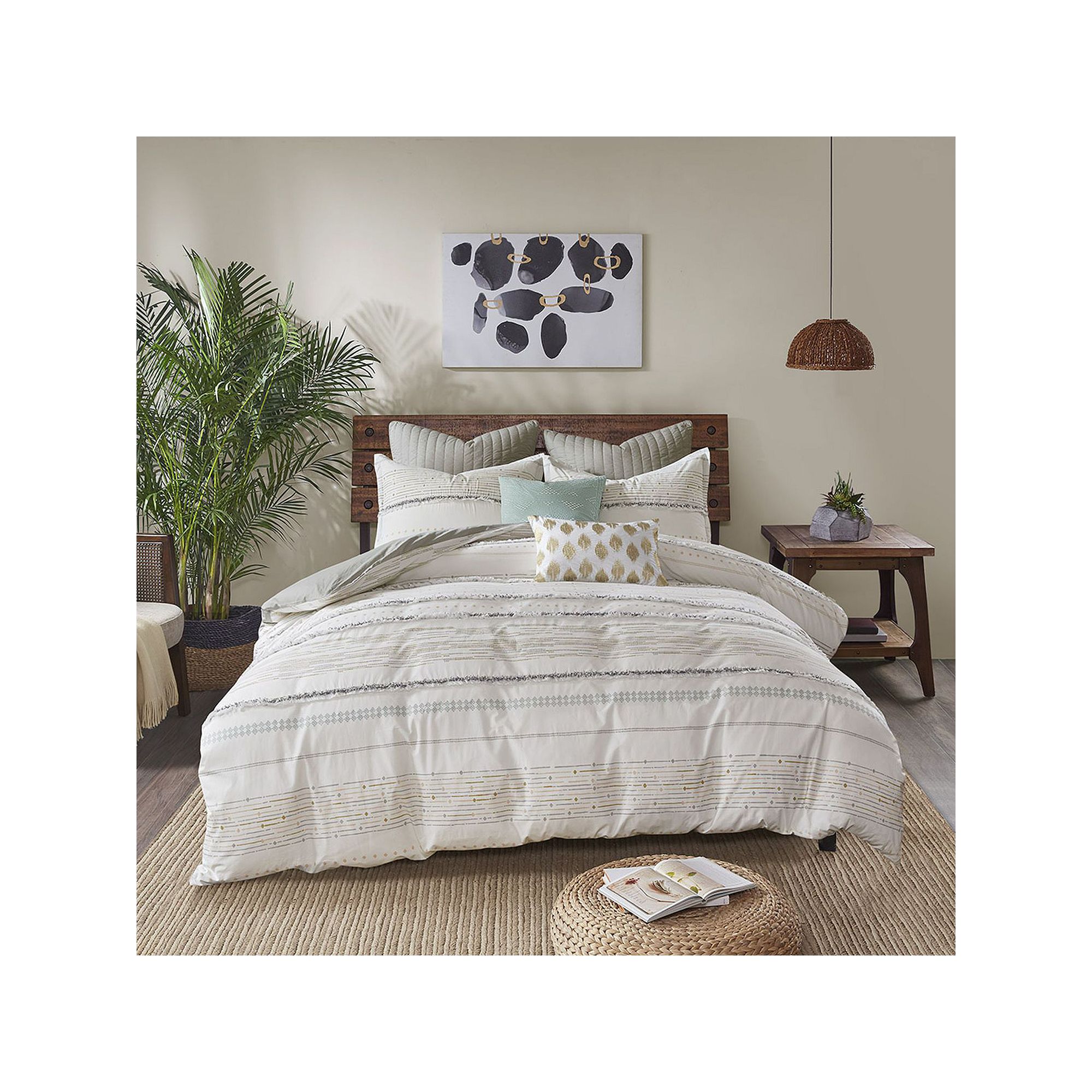 INK+IVY Nea Cotton Printed Duvet Cover Set with Shams, Off White Gray