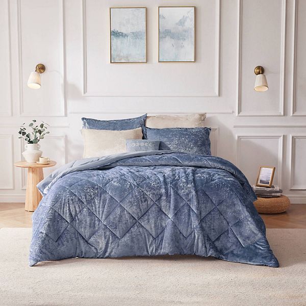 Intelligent Design 3pc Twin/Twin Extra Long Alyssa Velvet Quilted Diamond Ultra Soft Comforter Set Blue: Hypoallergenic, Luxury Glam Decor