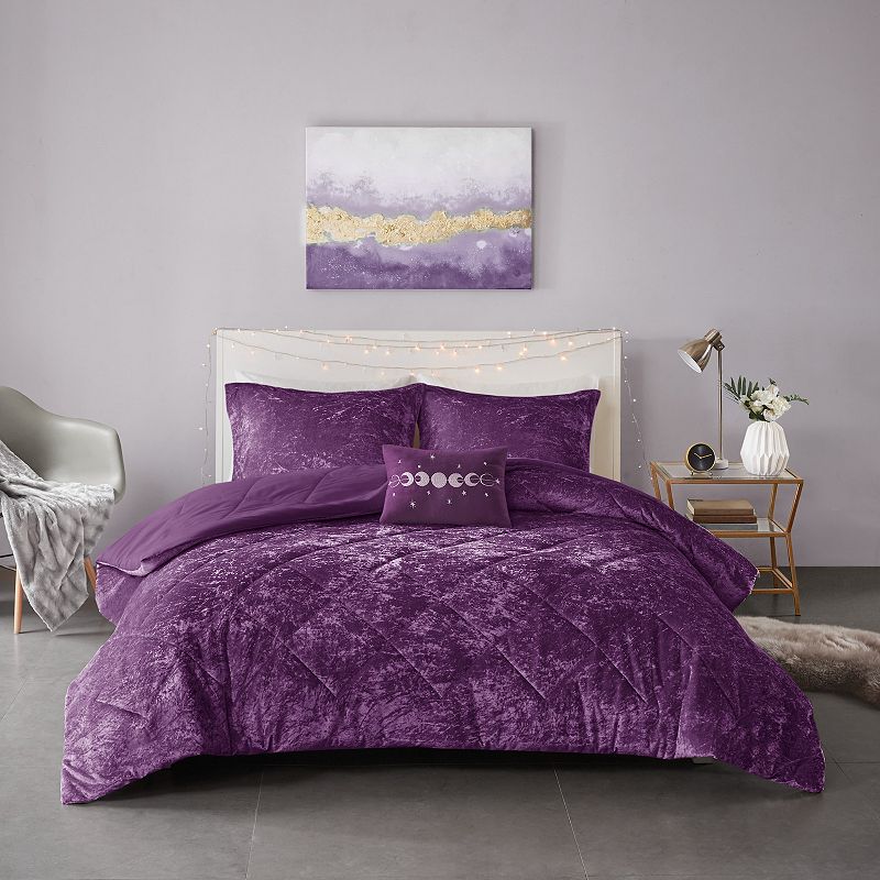 Intelligent Design Isabel Velvet Comforter Set with Throw Pillow, Purple, T