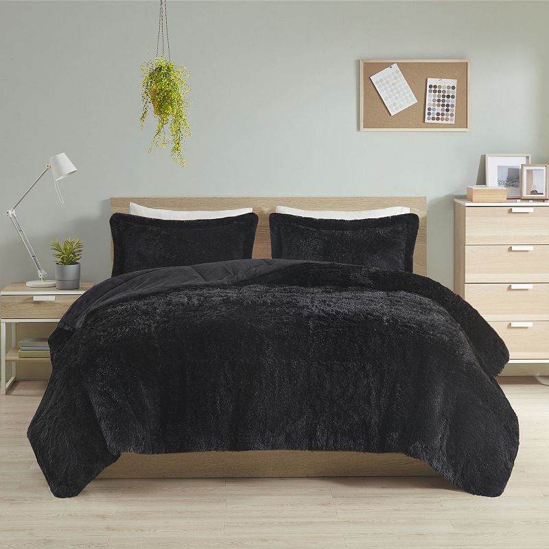 Intelligent Design Leena Shaggy Comforter Set, Black, Full/Queen