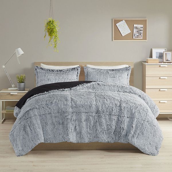 Intelligent Design 3pc Full/Queen Leena Shaggy Long Fur Comforter Mini Set Gray/Black